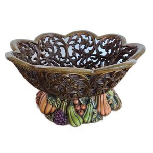 Vintage Thanksgiving Fall Ornate Reticulated Pedestal Bowl Wood-Look Resin